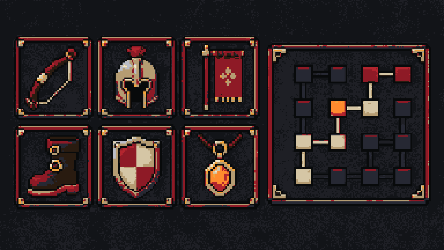 Pixel-art equipment slots beside a compact stage progress window