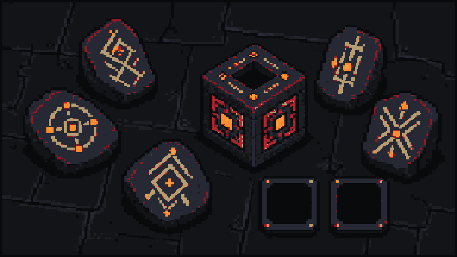 Pixel-art rune stones and a synthesis cube arranged on a graphite desk